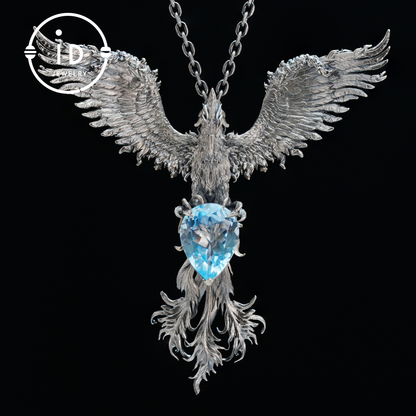Handmade Phoenix Necklace with Aquamarine | Mystical Symbol | Vintage Fantasy Jewelry