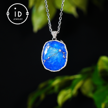 Aries Medallion Pendant | Irregular “Meteorite” Frame | Blue Enamel Starry Sheen | Orange Zirconia Center | Handmade Silver Jewelry