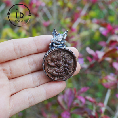 Fox Pendant in Sterling Silver and Carved Agarwood in Totem Witchcore Style – Spiritual Necklace, Birthday Gift for Her, Handmade Amulet