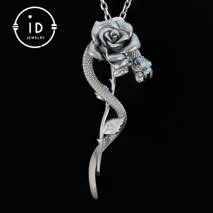 Heart Shaped Garnet Snake Pendant in 925 Sterling Silver with Rose Design, Gothic Vintage Style, Gift for Her, Dark Symbolic Jewelry