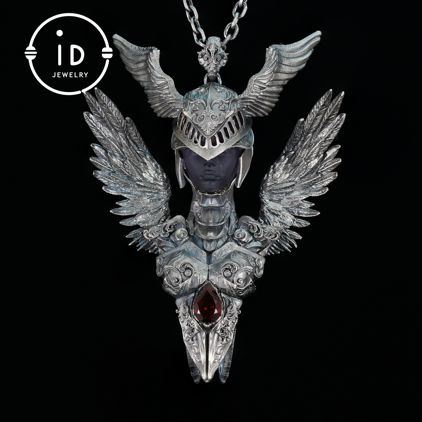 Valkyrie Pendant in 925 Sterling Silver with Ruby & Amethyst | Gothic Fantasy Totem Necklace | Handmade Mythology Jewelry for Collectors