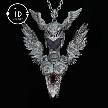 Valkyrie Pendant in 925 Sterling Silver with Ruby & Amethyst | Gothic Fantasy Totem Necklace | Handmade Mythology Jewelry for Collectors