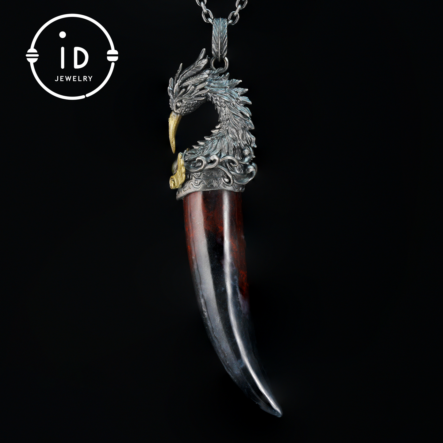 Blood Jasper Pendant with Carved Phoenix Head in 925 Sterling Silver & Bronze, Totem Talisman Necklace, Gothic Mythology Gift for Men Women