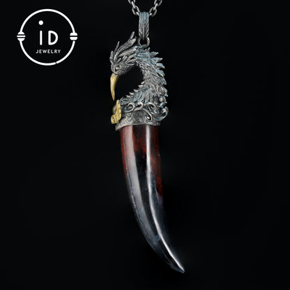 Blood Jasper Pendant with Carved Phoenix Head in 925 Sterling Silver & Bronze, Totem Talisman Necklace, Gothic Mythology Gift for Men Women