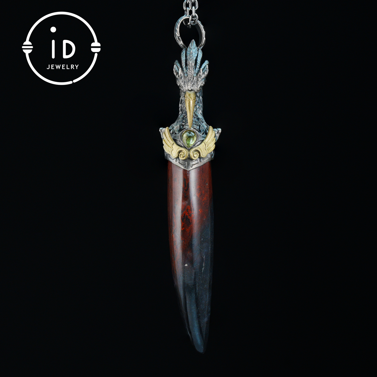 Blood Jasper Pendant with Carved Phoenix Head in 925 Sterling Silver & Bronze, Totem Talisman Necklace, Gothic Mythology Gift for Men Women