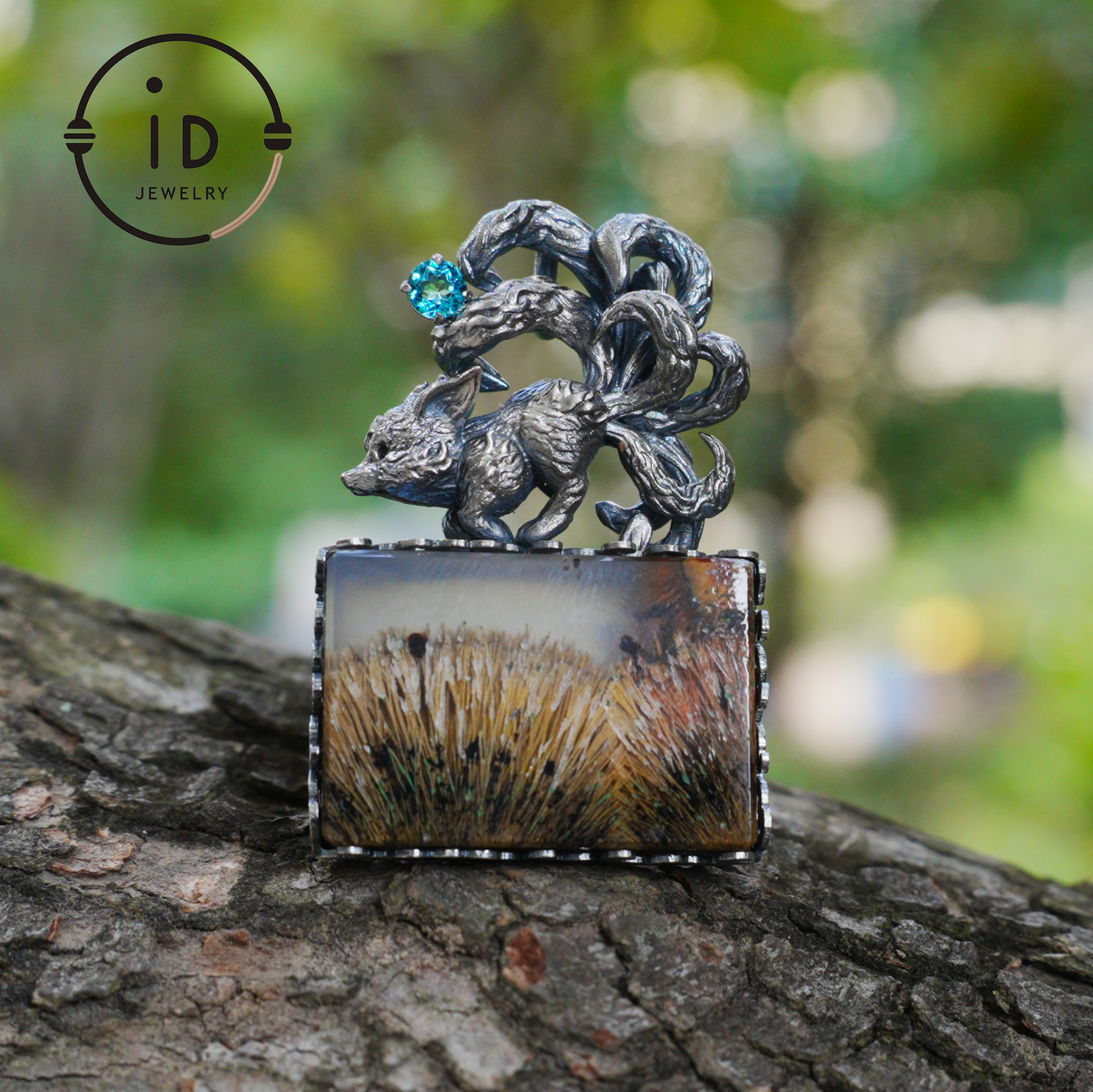 925 Silver Pendant with One-of-a-Kind Moss Agate, Oxidized Totem Animal Necklace, Nature Talisman Jewelry, Unique Gift for Her
