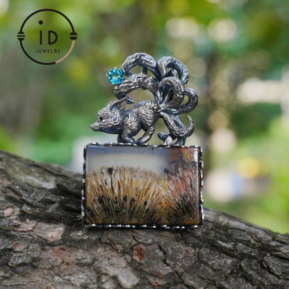 925 Silver Pendant with One-of-a-Kind Moss Agate, Oxidized Totem Animal Necklace, Nature Talisman Jewelry, Unique Gift for Her