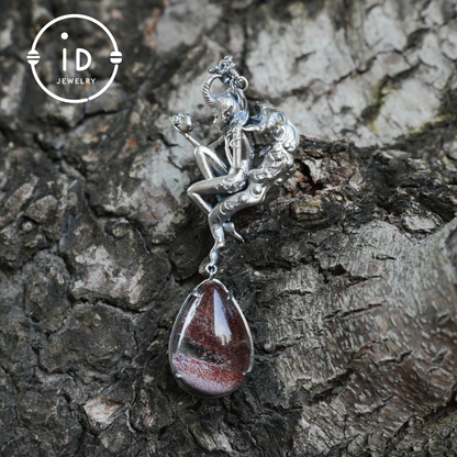 925 Silver Pendant with Lodolith Crystal Drop, Gothic Fantasy Jewelry, Oxidized Silver, Talisman Pendant for Self-Reflection, Gift for Her