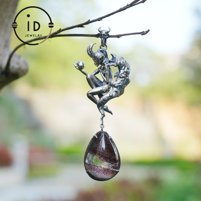 925 Silver Pendant with Lodolith Crystal Drop, Gothic Fantasy Jewelry, Oxidized Silver, Talisman Pendant for Self-Reflection, Gift for Her