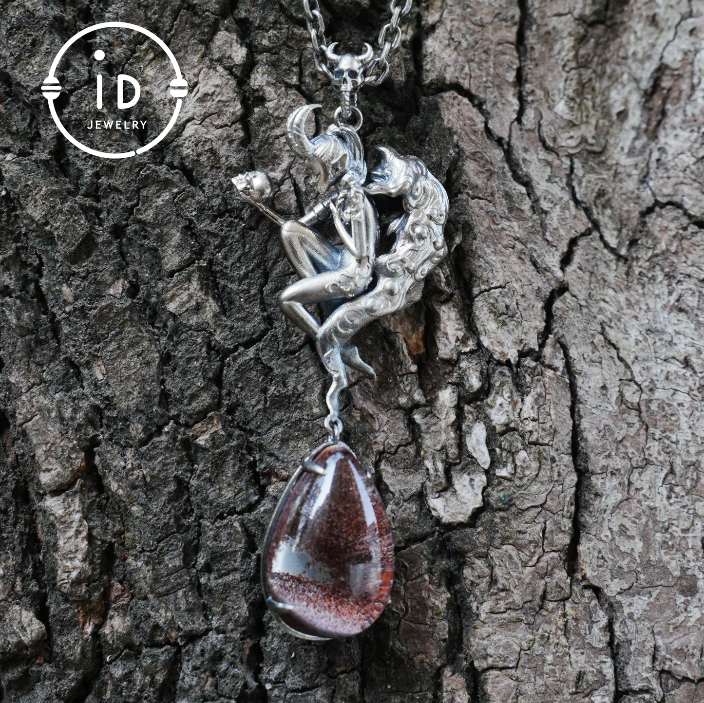 925 Silver Pendant with Lodolith Crystal Drop, Gothic Fantasy Jewelry, Oxidized Silver, Talisman Pendant for Self-Reflection, Gift for Her