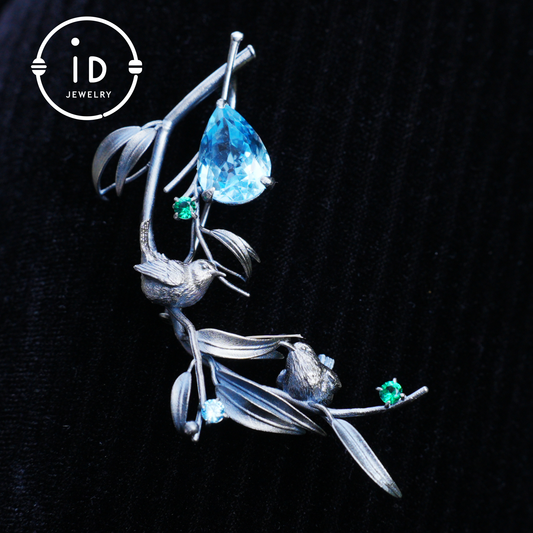 Handmade Brooch & Pendant with Blue Topaz, Green Gemstone, Oxidized 925 Silver, Nature-Inspired Fairy Jewelry, Gift for Her