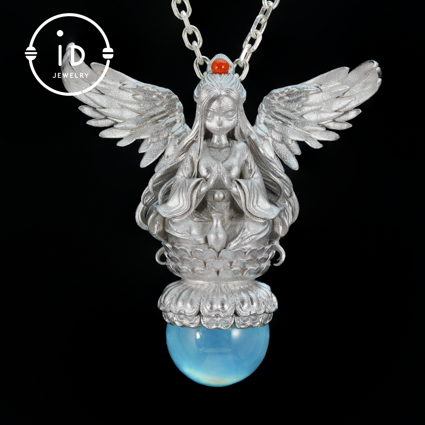 Silver pendant with figure wing design aquamarine amulet oxidized 925 jewelry gothic fairy style necklace gift for her spiritual vintage