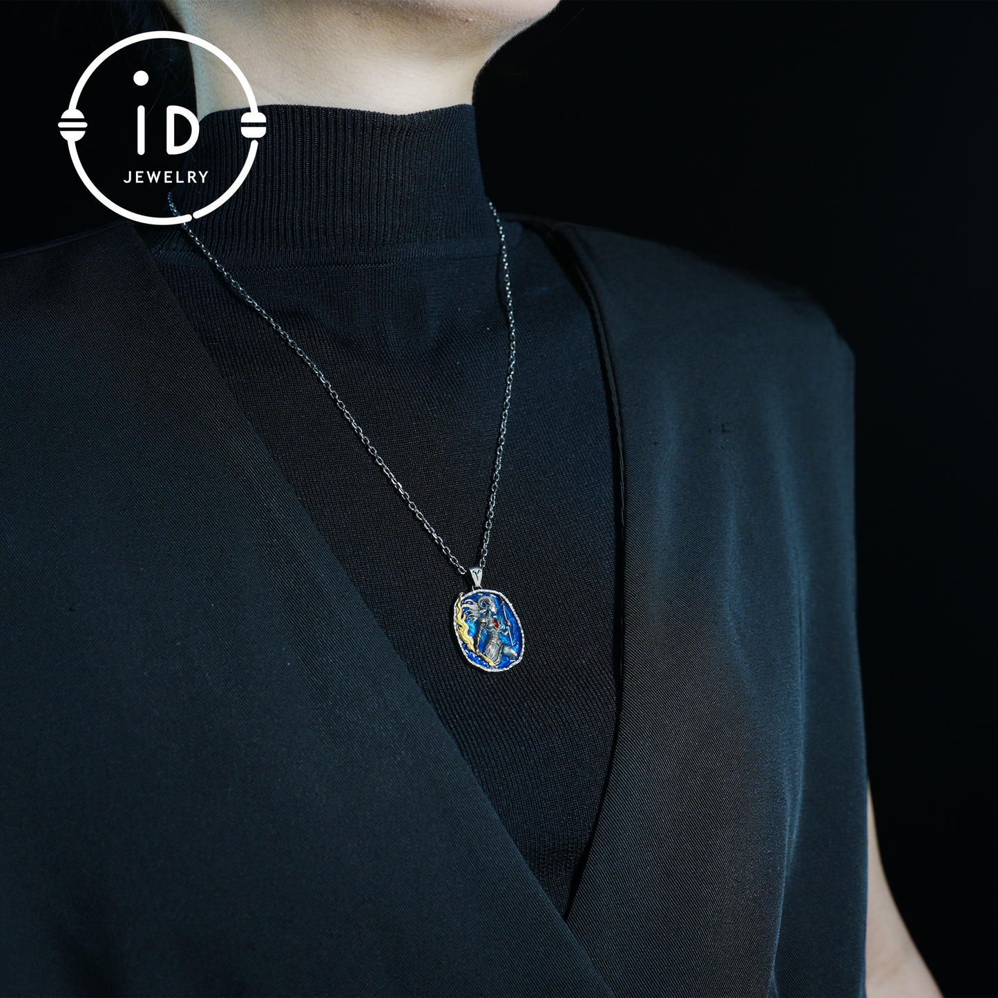 Aries Medallion Pendant | Irregular “Meteorite” Frame | Blue Enamel Starry Sheen | Orange Zirconia Center | Handmade Silver Jewelry