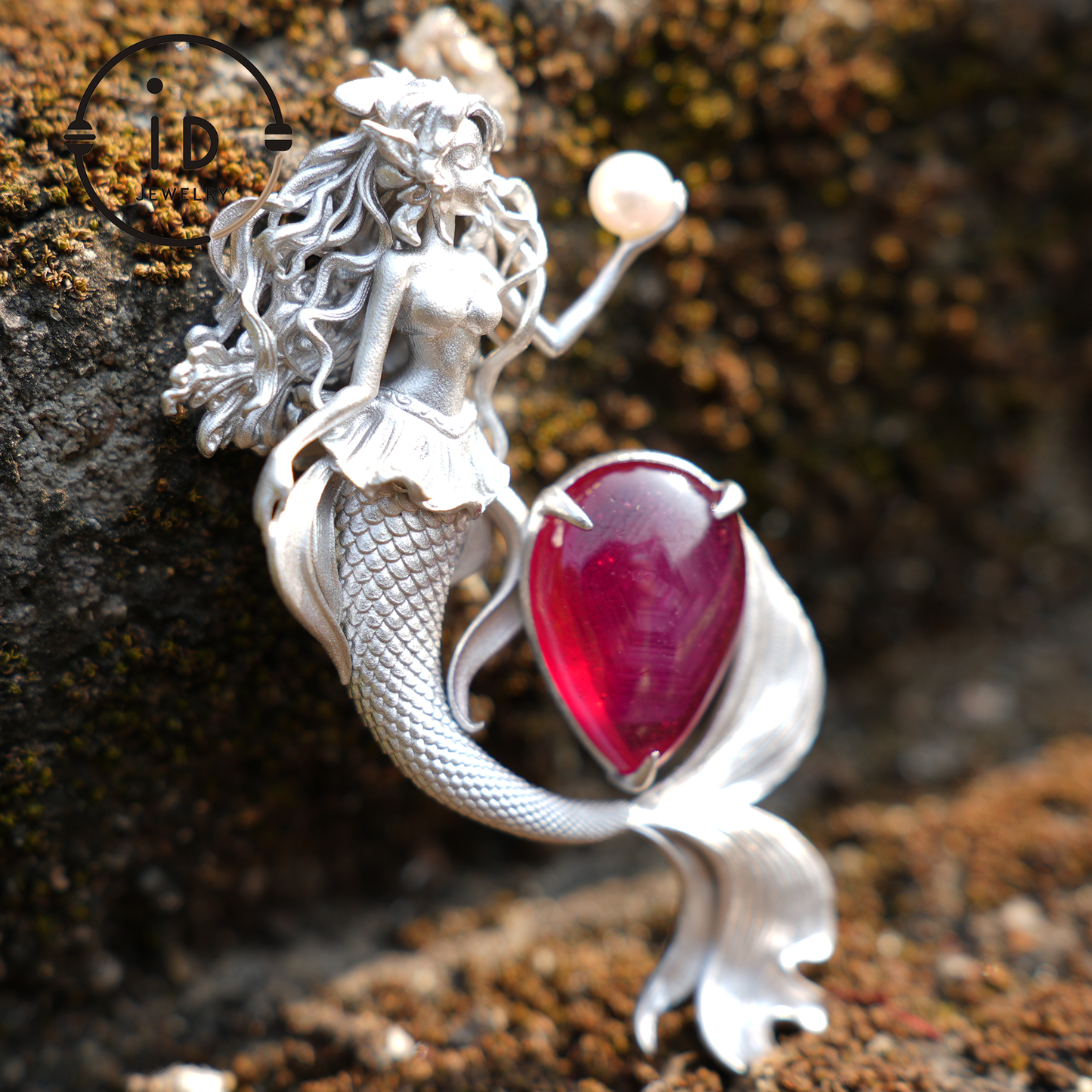 Meerjungfrau Anhänger | 925 Sterling Silber &amp; Sternrubin | Handgefertigter Fantasy Schmuck