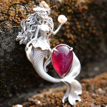 Meerjungfrau Anhänger | 925 Sterling Silber &amp; Sternrubin | Handgefertigter Fantasy Schmuck