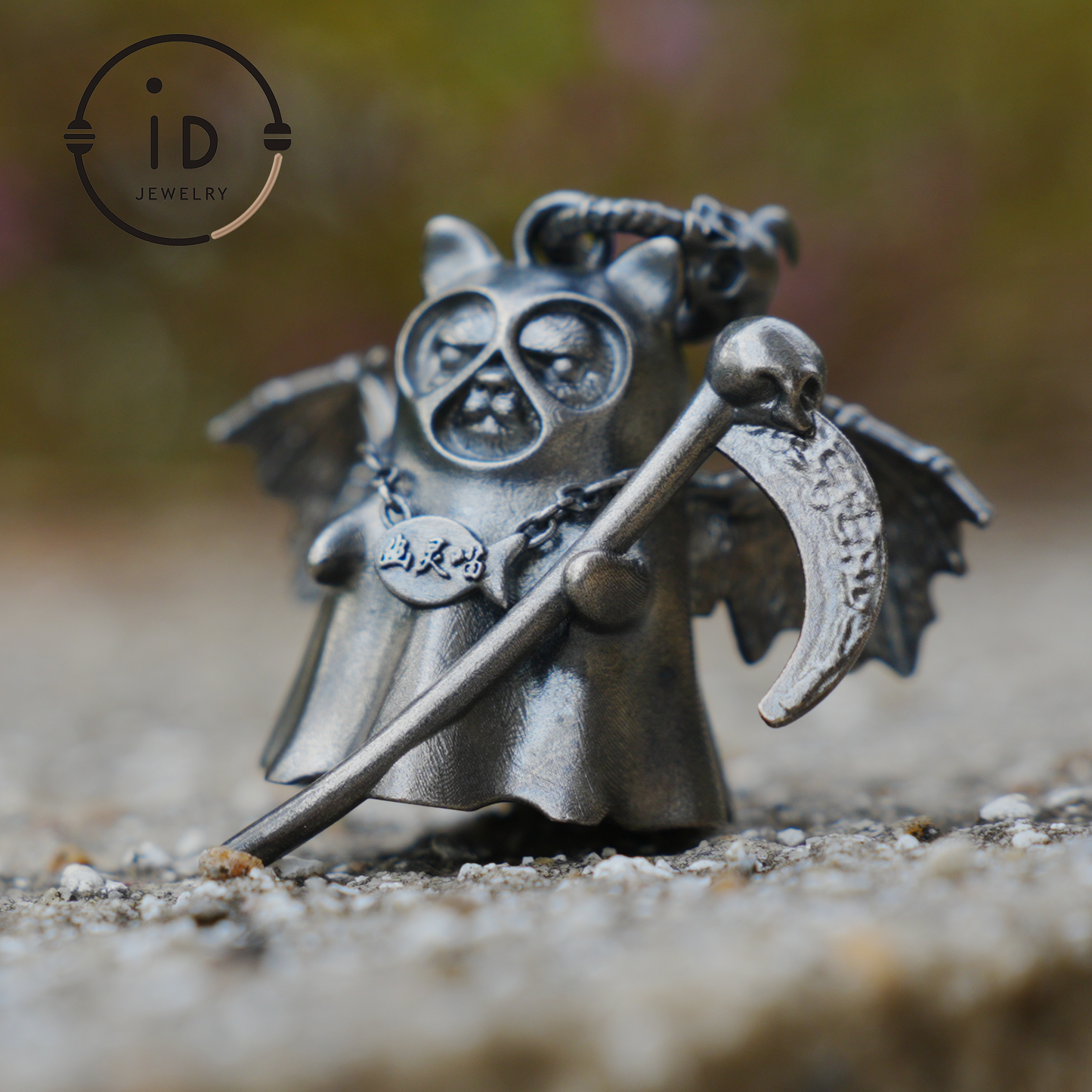 925 sterling silver pendant with winged cat figure and scythe in gothic vintage style, oxidized silver, gift for her fantasy jewelry