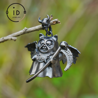925 sterling silver pendant with winged cat figure and scythe in gothic vintage style, oxidized silver, gift for her fantasy jewelry