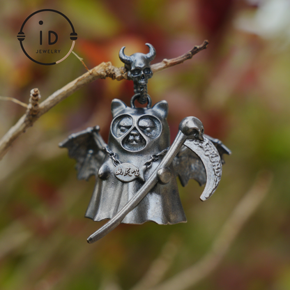 925 sterling silver pendant with winged cat figure and scythe in gothic vintage style, oxidized silver, gift for her fantasy jewelry