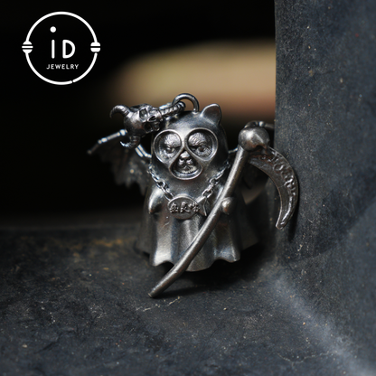 925 sterling silver pendant with winged cat figure and scythe in gothic vintage style, oxidized silver, gift for her fantasy jewelry