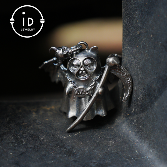 925 sterling silver pendant with winged cat figure and scythe in gothic vintage style, oxidized silver, gift for her fantasy jewelry