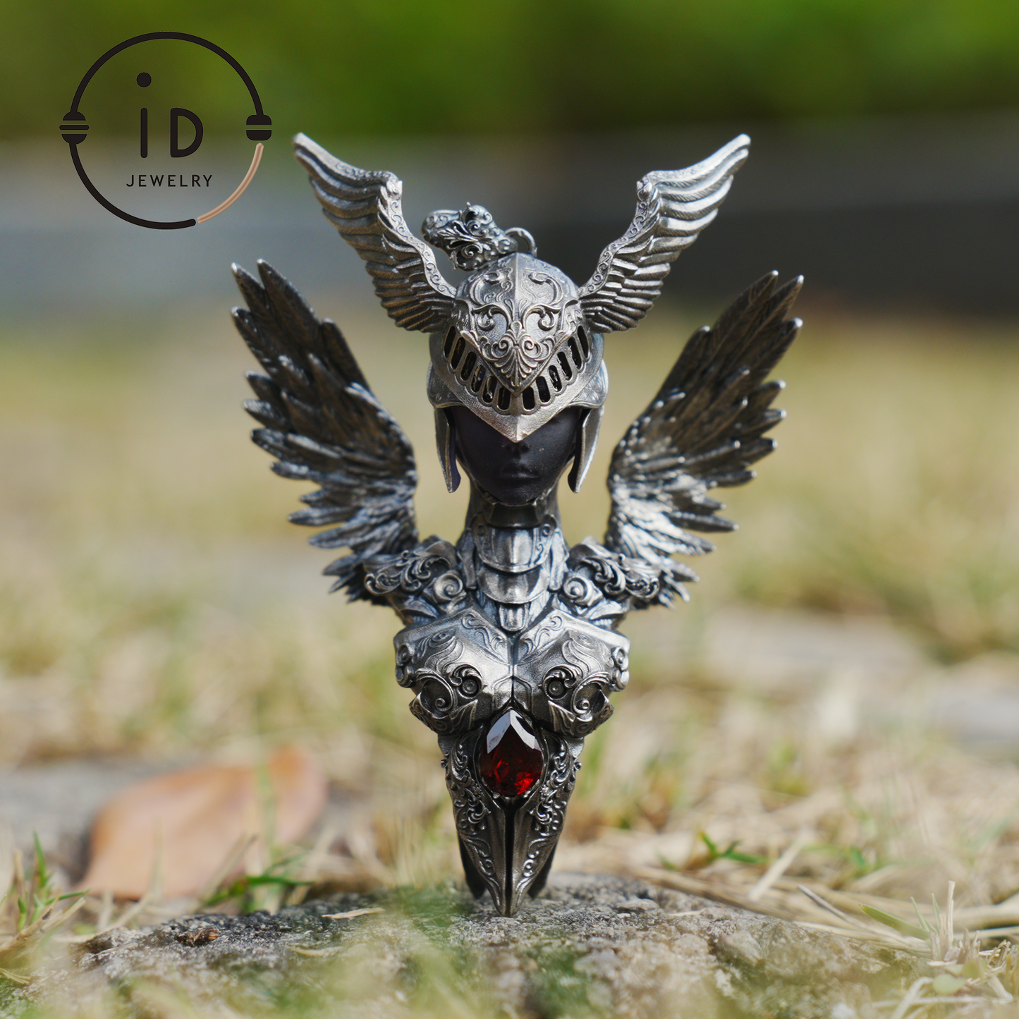 Valkyrie Pendant in 925 Sterling Silver with Ruby & Amethyst | Gothic Fantasy Totem Necklace | Handmade Mythology Jewelry for Collectors