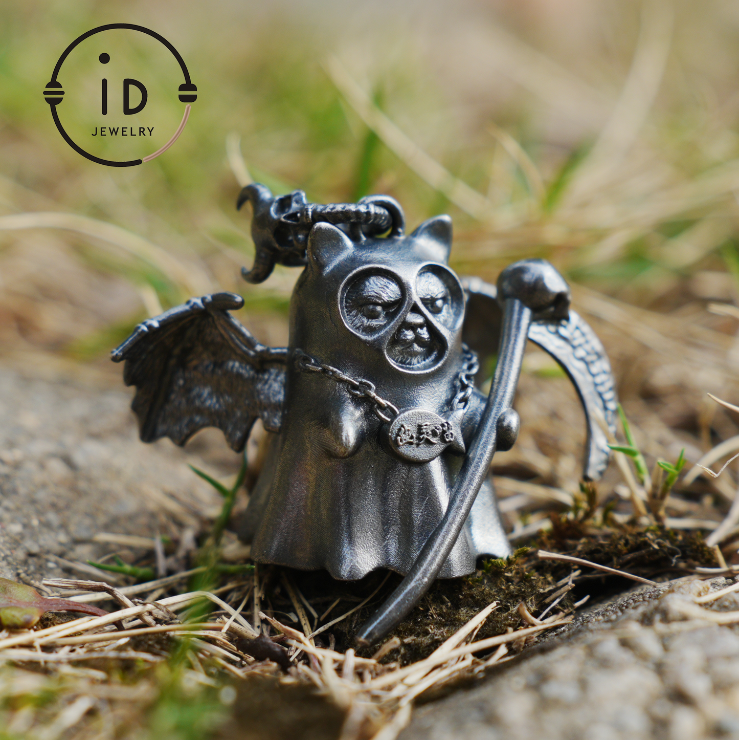 925 sterling silver pendant with winged cat figure and scythe in gothic vintage style, oxidized silver, gift for her fantasy jewelry