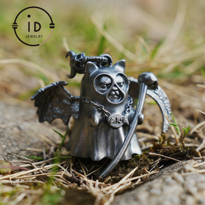 925 sterling silver pendant with winged cat figure and scythe in gothic vintage style, oxidized silver, gift for her fantasy jewelry