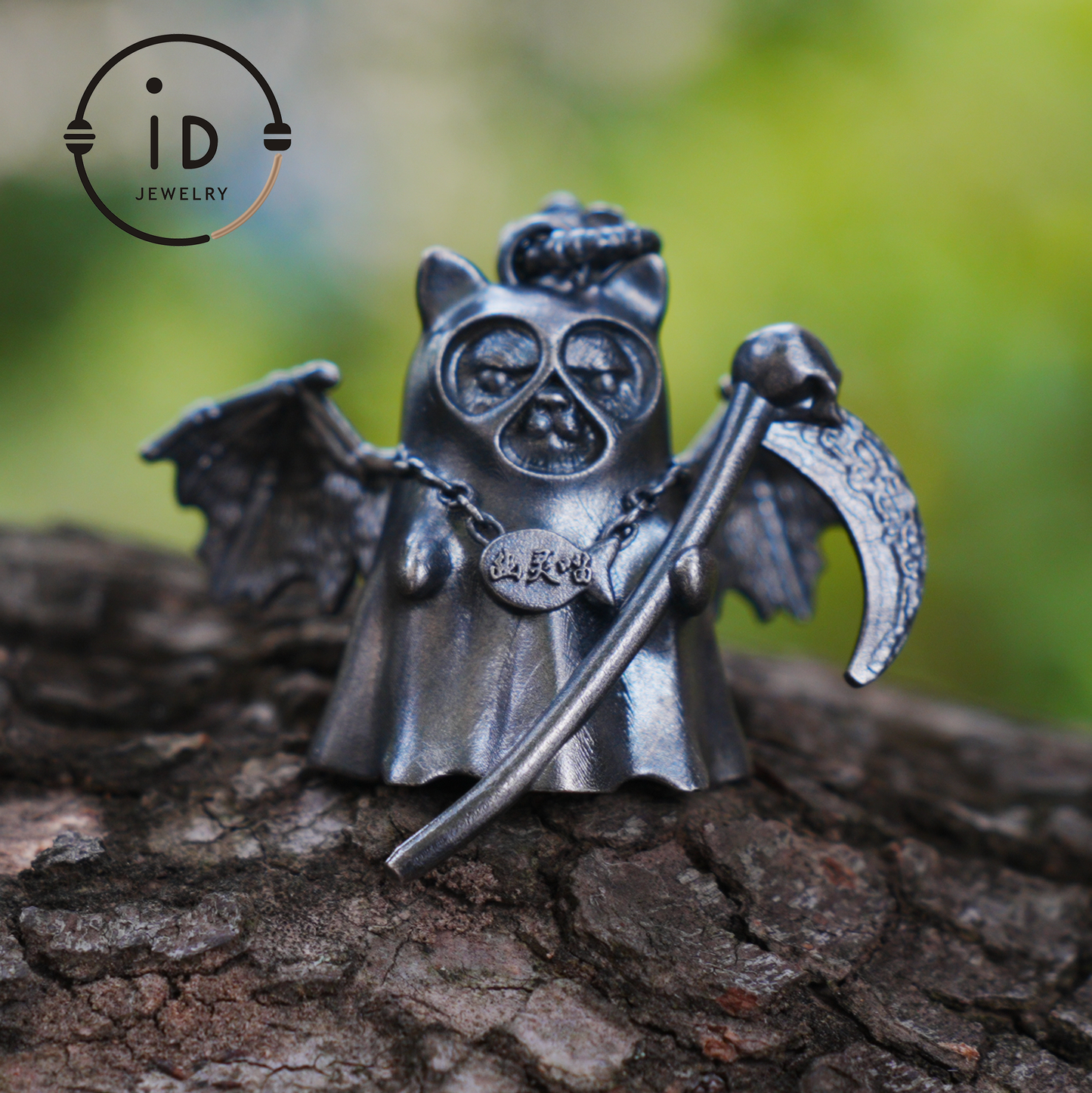 925 sterling silver pendant with winged cat figure and scythe in gothic vintage style, oxidized silver, gift for her fantasy jewelry