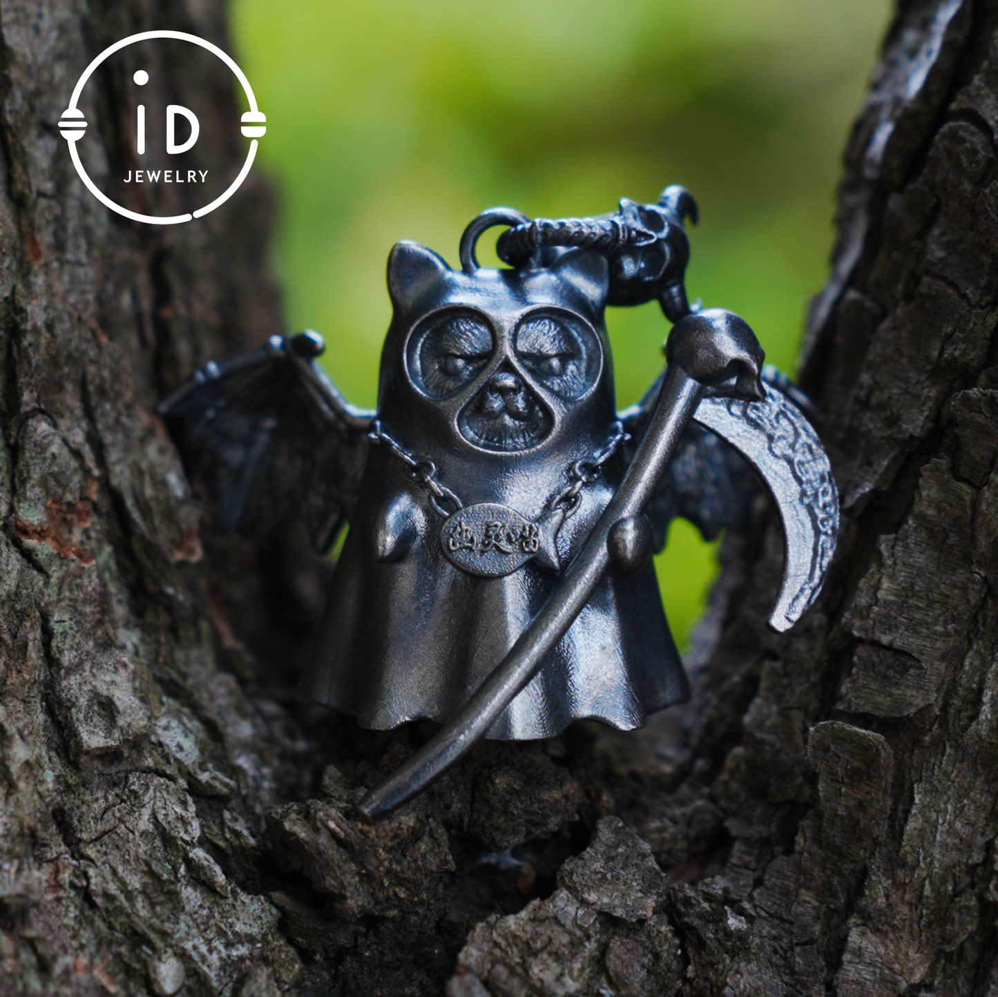 925 sterling silver pendant with winged cat figure and scythe in gothic vintage style, oxidized silver, gift for her fantasy jewelry