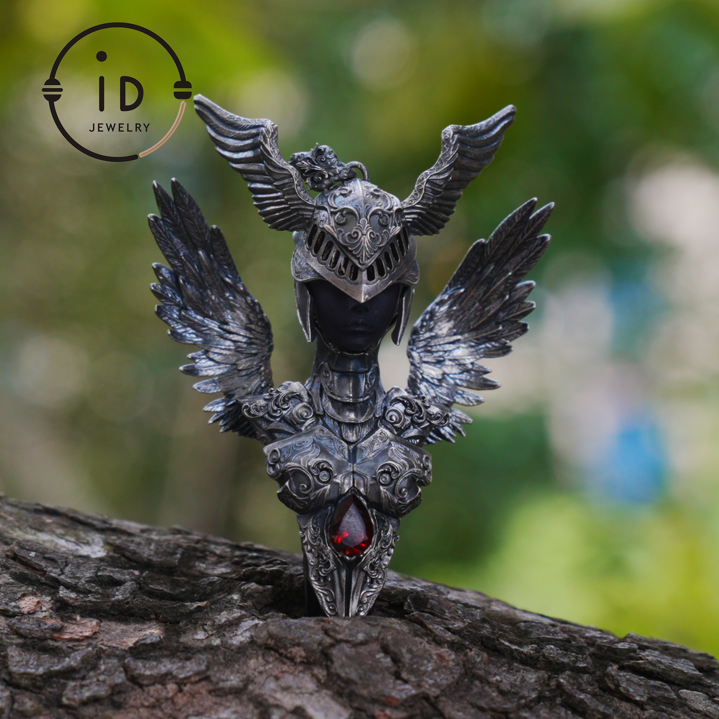 Valkyrie Pendant in 925 Sterling Silver with Ruby & Amethyst | Gothic Fantasy Totem Necklace | Handmade Mythology Jewelry for Collectors
