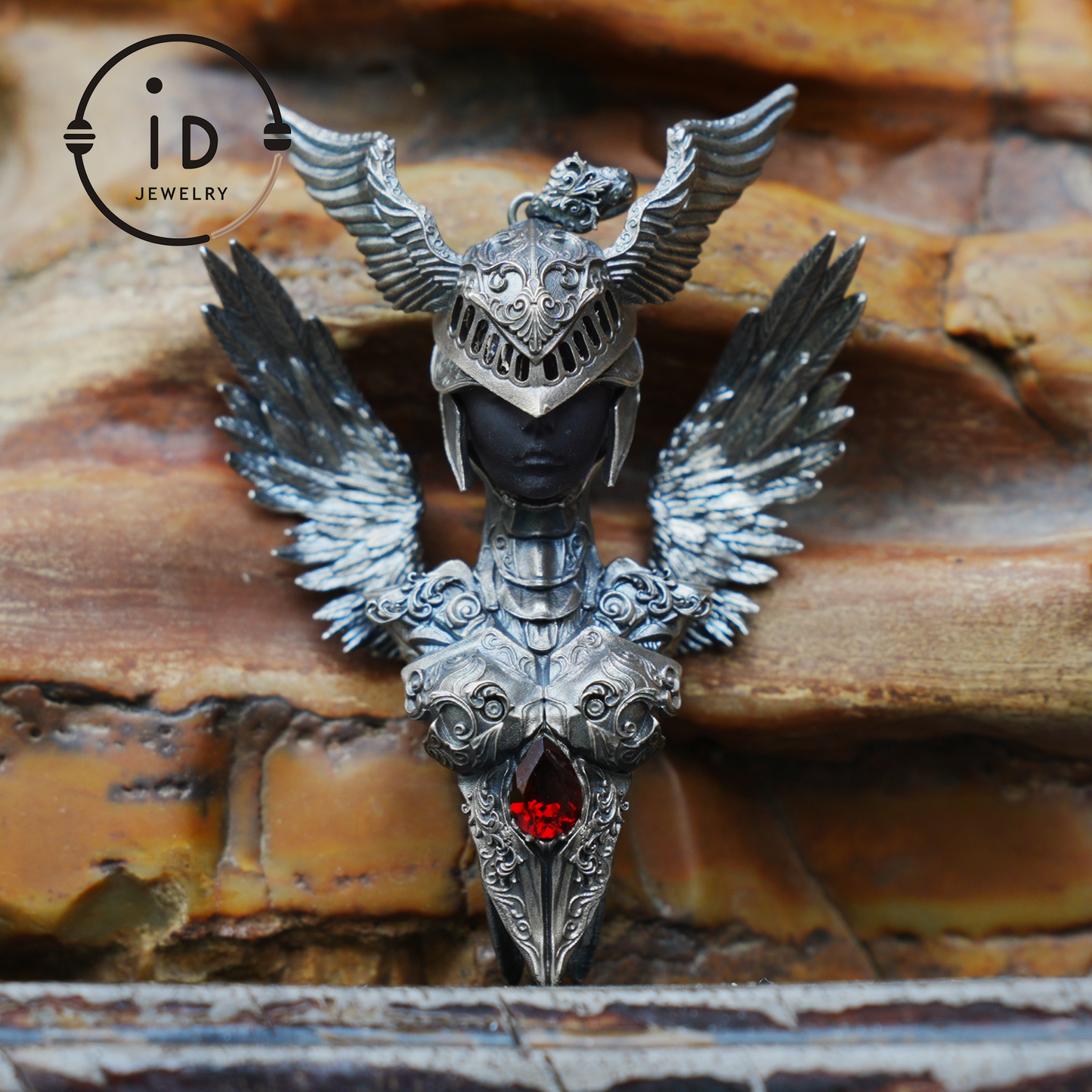 Valkyrie Pendant in 925 Sterling Silver with Ruby & Amethyst | Gothic Fantasy Totem Necklace | Handmade Mythology Jewelry for Collectors