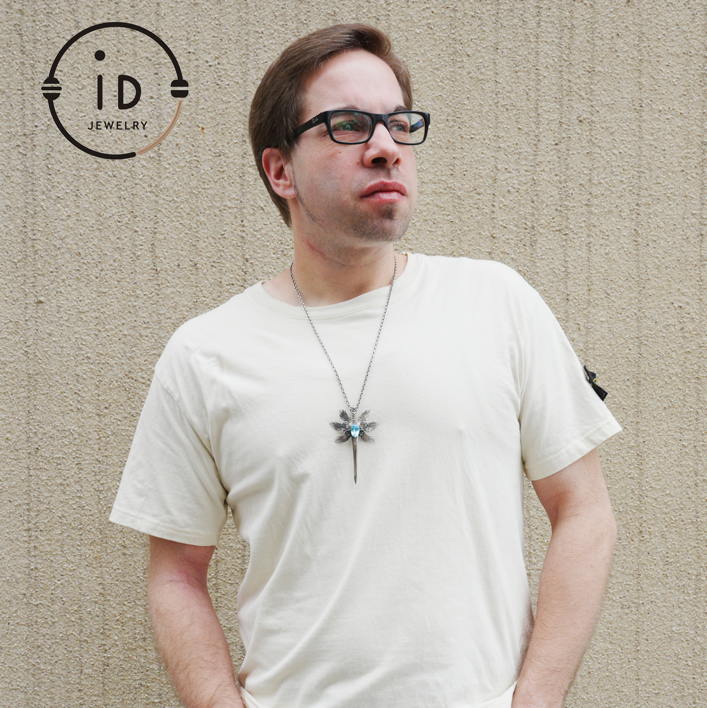 Handmade brooch & pendant with Swiss Blue Topaz, sword-wing design, oxidized 925 silver, gothic style, gift for her