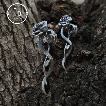 Heart Shaped Garnet Snake Pendant in 925 Sterling Silver with Rose Design, Gothic Vintage Style, Gift for Her, Dark Symbolic Jewelry