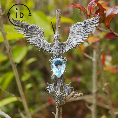 Handmade Phoenix Necklace with Aquamarine | Mystical Symbol | Vintage Fantasy Jewelry