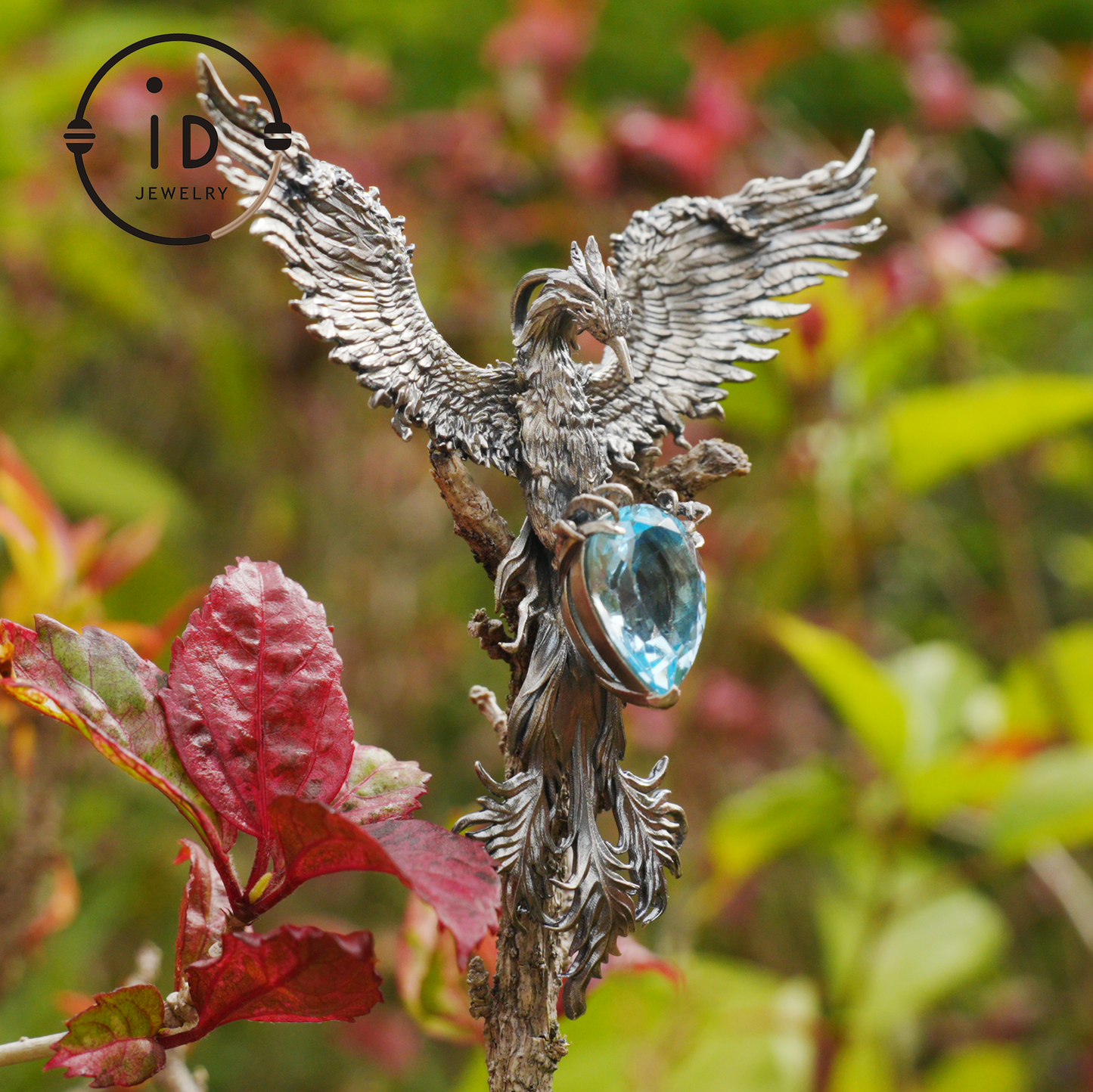 Handmade Phoenix Necklace with Aquamarine | Mystical Symbol | Vintage Fantasy Jewelry