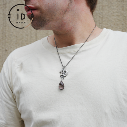 925 Silver Pendant with Lodolith Crystal Drop, Gothic Fantasy Jewelry, Oxidized Silver, Talisman Pendant for Self-Reflection, Gift for Her