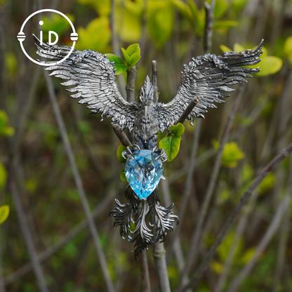 Handmade Phoenix Necklace with Aquamarine | Mystical Symbol | Vintage Fantasy Jewelry
