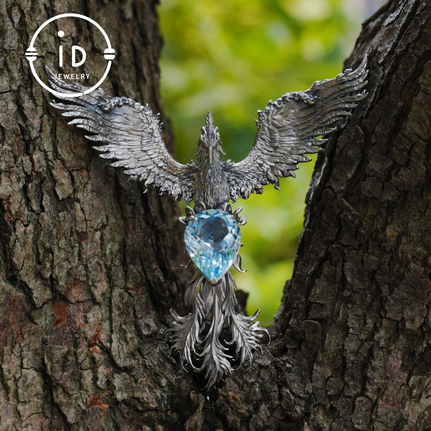 Handmade Phoenix Necklace with Aquamarine | Mystical Symbol | Vintage Fantasy Jewelry