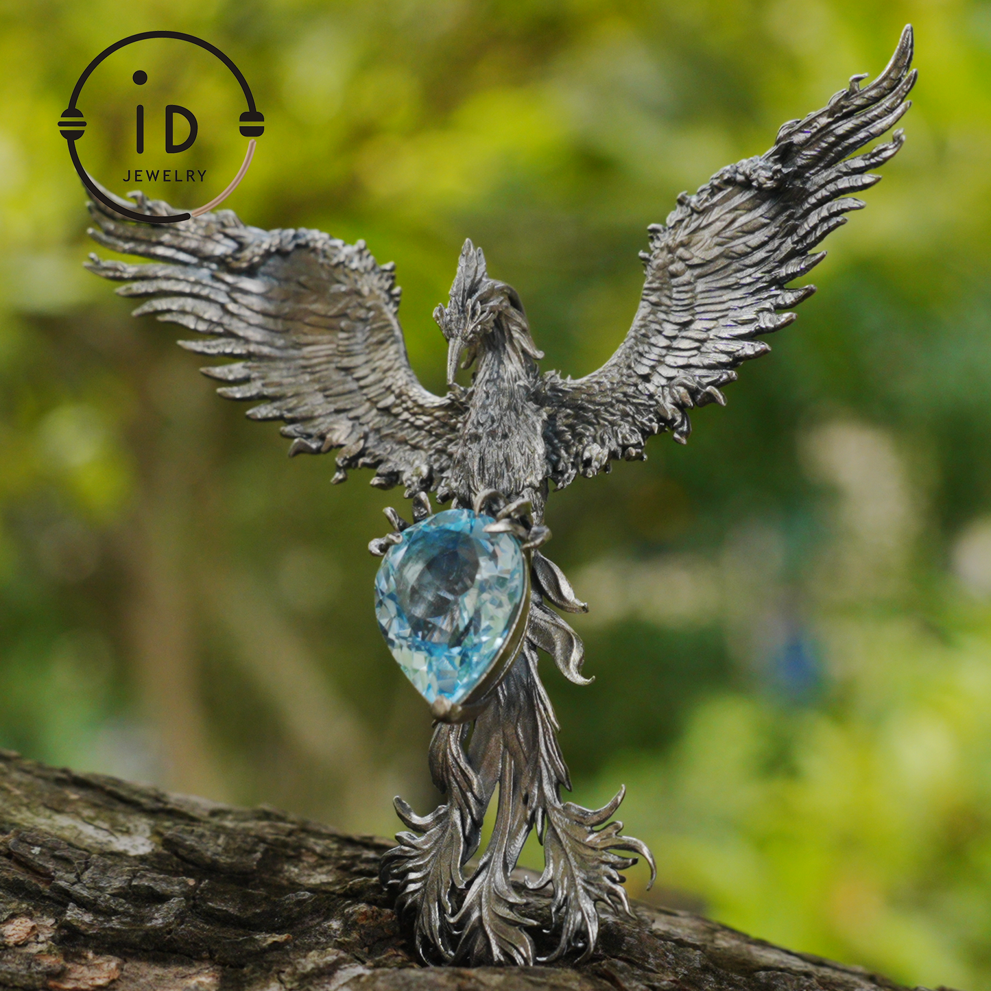 Handmade Phoenix Necklace with Aquamarine | Mystical Symbol | Vintage Fantasy Jewelry