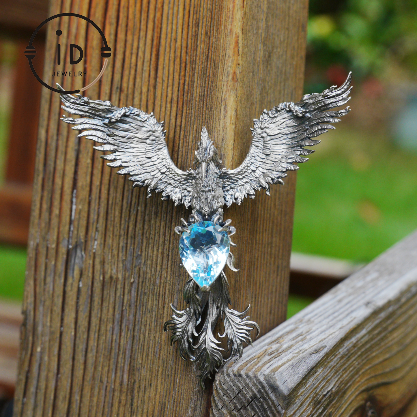 Handmade Phoenix Necklace with Aquamarine | Mystical Symbol | Vintage Fantasy Jewelry
