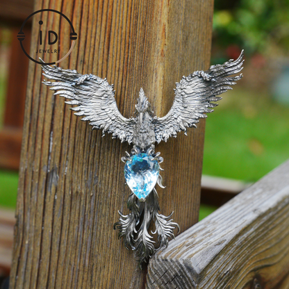 Handmade Phoenix Necklace with Aquamarine | Mystical Symbol | Vintage Fantasy Jewelry