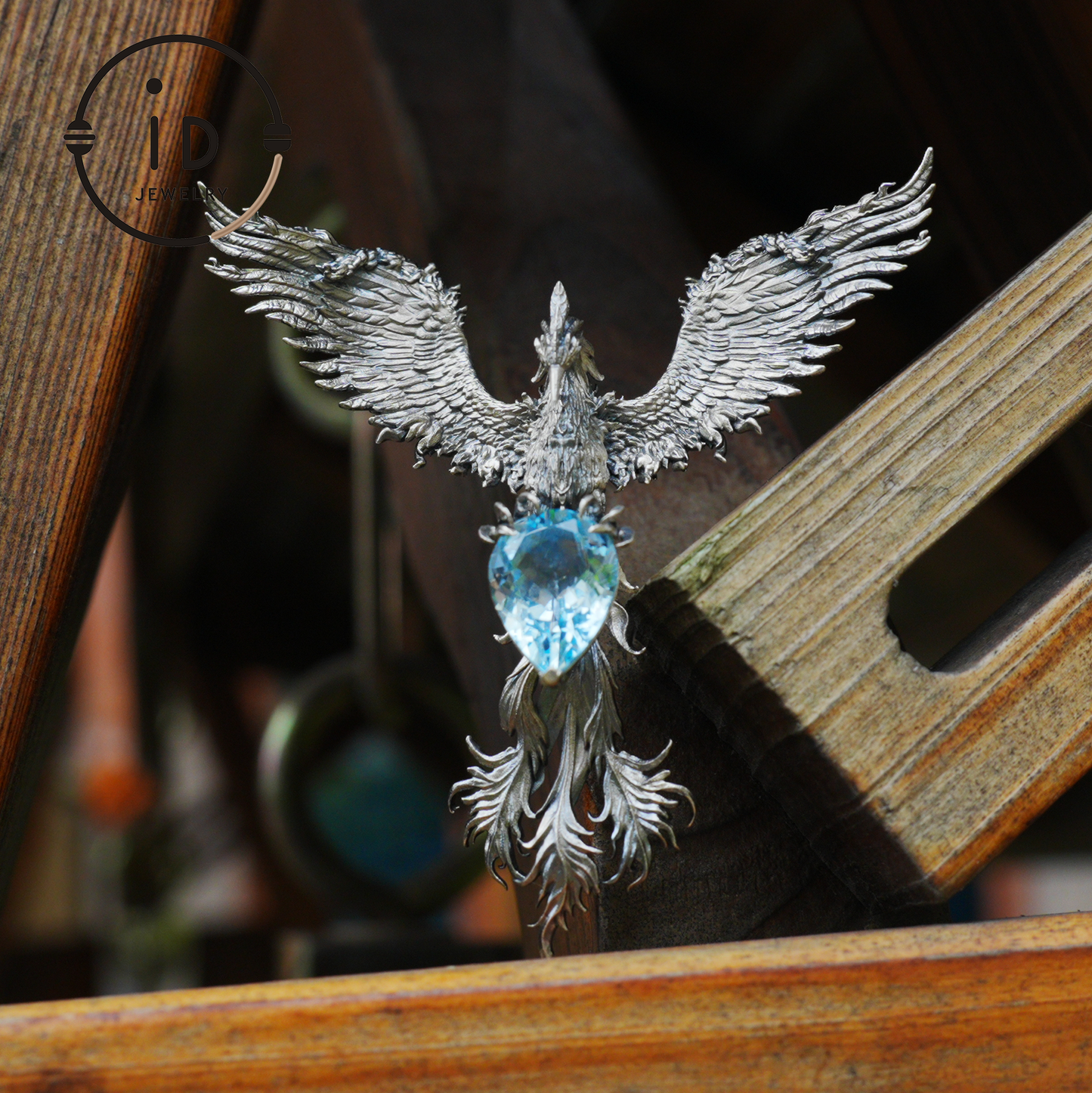 Handmade Phoenix Necklace with Aquamarine | Mystical Symbol | Vintage Fantasy Jewelry