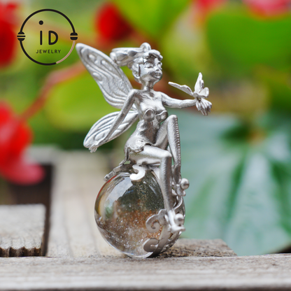Fairy Pendant Necklace in 925 Sterling Silver with Moss Quartz | Handmade Fantasy Jewelry with Nature Spirit Elf Design | Mystical Keepsake Gift for Adults