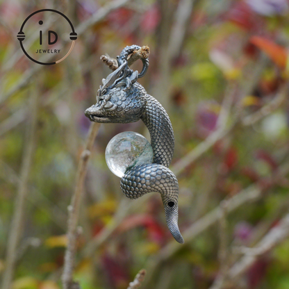 Phantom Quartz Pendant 925 Silver Dragon Totem Necklace Gothic Style Handmade Gift for Her Birthday Christmas Mini Sculpture Talisman