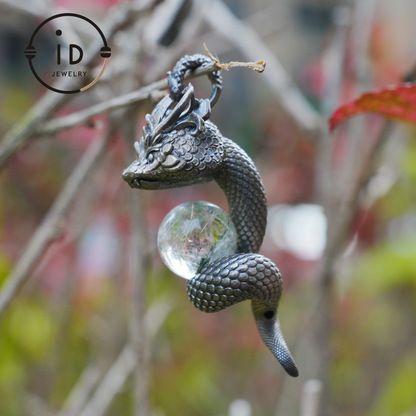 Phantom Quartz Pendant 925 Silver Dragon Totem Necklace Gothic Style Handmade Gift for Her Birthday Christmas Mini Sculpture Talisman
