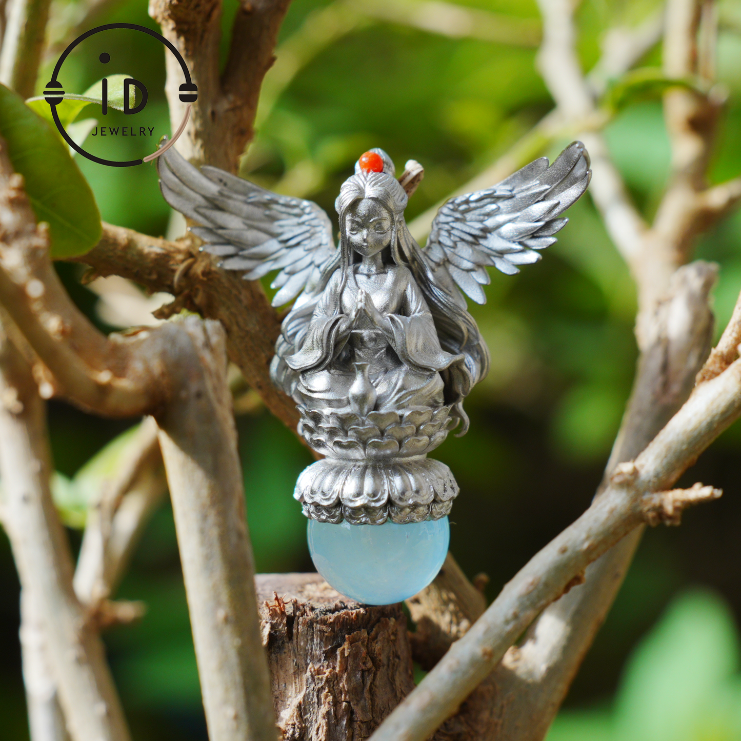 Silver pendant with figure wing design aquamarine amulet oxidized 925 jewelry gothic fairy style necklace gift for her spiritual vintage