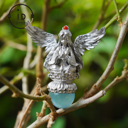 Silver pendant with figure wing design aquamarine amulet oxidized 925 jewelry gothic fairy style necklace gift for her spiritual vintage
