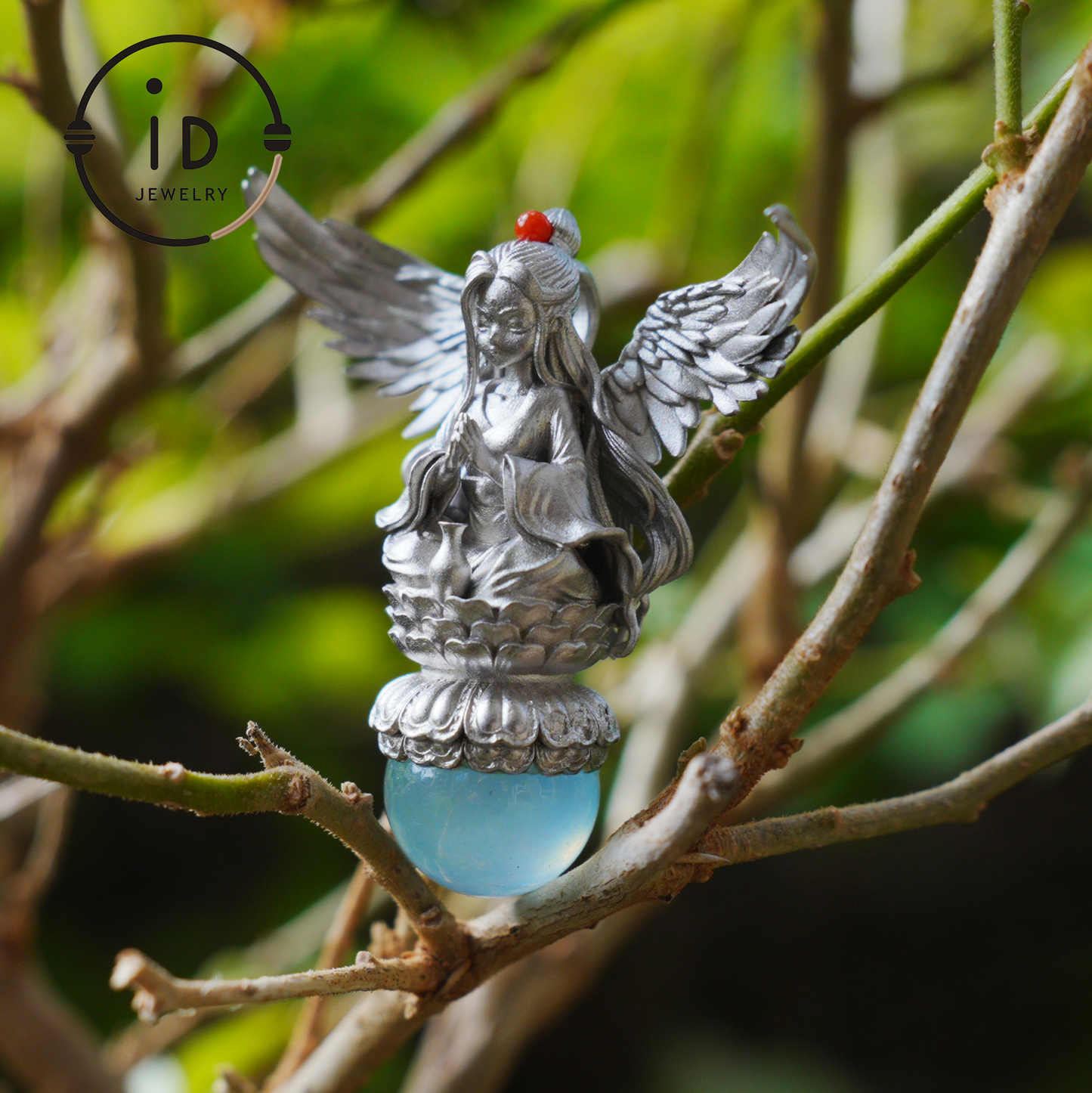 Silver pendant with figure wing design aquamarine amulet oxidized 925 jewelry gothic fairy style necklace gift for her spiritual vintage