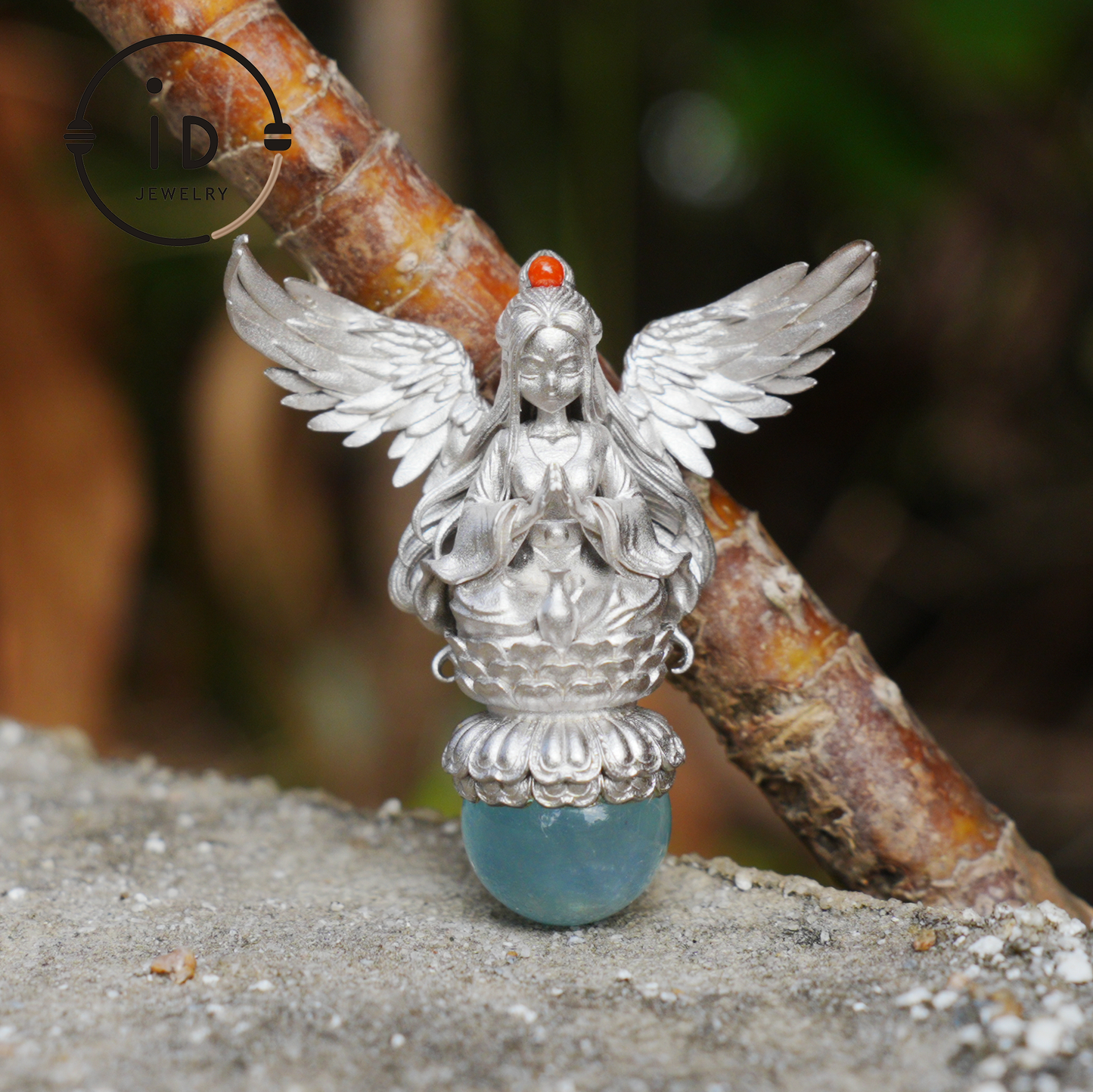 Silver pendant with figure wing design aquamarine amulet oxidized 925 jewelry gothic fairy style necklace gift for her spiritual vintage