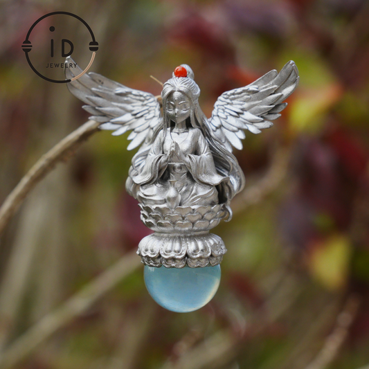 Silver pendant with figure wing design aquamarine amulet oxidized 925 jewelry gothic fairy style necklace gift for her spiritual vintage